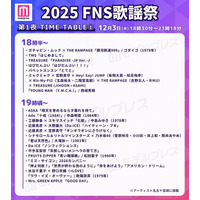 「2025 FNS歌謡祭」第1夜タイムテーブル公開
