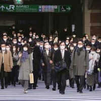 仕事始めを迎え、マスク姿で通勤する人たち＝4日午前、JR東京駅前