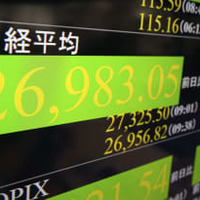 2万7000円を割り込んだ日経平均株価を示すモニター＝14日午前、東京・東新橋