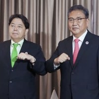 会談に臨む韓国の朴振外相（右）と林外相＝4日、プノンペン（外務省提供・共同）