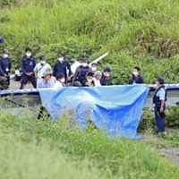 利根川の河川敷に墜落した軽飛行機＝10日午後0時56分、群馬県玉村町