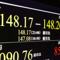 対ドルで一時1ドル＝148円台に下落した円相場を示すモニター＝14日夜、東京都港区
