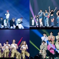 （上段左から時計回り）JO1、LE SSERAFIM、DXTEEN、XG「KCON JAPAN 2023」（C）CJ ENM Co., Ltd, All Rights Reserved