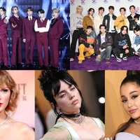 （上段左から）BTS、SEVENTEEN（下段左から）テイラー・スウィフト、アリアナ・グランデ、ビリー・アイリッシュ／Photo by Getty Images