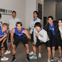 (後列左から)平野泰新、岩永洋昭、永井大(前列左から)中務裕太、中村克、青木マッチョ、高柳光希アナウンサー、ソンユン(C)モデルプレス