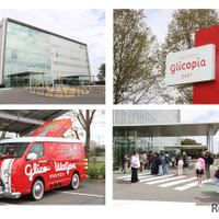 グリコピア・イースト外観（左上）、看板（右上）、初代のグリコワゴン（左下）、入場時のようす（右下）