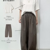 【ユニクロ】ドレープT×【GU】光沢パンツで完成。大人のこなれ感を引き出す洗練配色【40代の毎日コーデ】