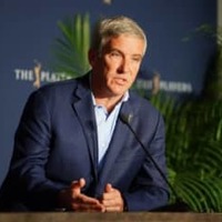 ザ・プレーヤーズ選手権中止の会見に臨むPGAコミッショナーのモナハン氏（撮影：岩本芳弘)