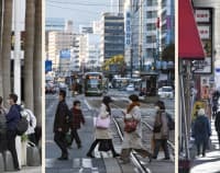 左から、那覇市の新型コロナウイルス検査施設を訪れた人たち。広島市内を歩くマスク姿の人たち。山口県岩国市内を歩くマスク姿の人たち。政府は「まん延防止等重点措置」を沖縄、広島、山口3県に適用すると決定＝7日
