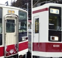列車の行き先や種別を表す方向幕などが盗まれた野岩鉄道の車両「61103編成」（左）と通常の車両（同社提供）