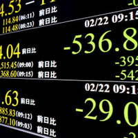 下げ幅が一時500円を超えた日経平均株価を示すモニター＝22日午前、東京・東新橋