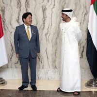 UAEのアブドラ外務・国際協力相（右）と会談した林外相＝20日、アブダビ（外務省提供）