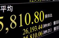 一時2万6000円を割り込んだ日経平均株価を示すモニター＝10日午前、東京・東新橋