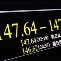 1ドル＝147円台後半に急落し、32年ぶりの安値を付けた円相場を示すモニター＝13日午後10時19分、東京・東新橋