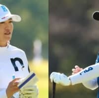 山下美夢有を追いかける稲見萌寧（左）と西郷真央　初日から飛ばしていきたい（撮影：福田文平)