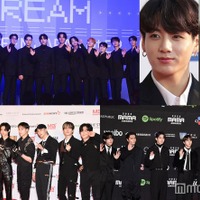 （上段左から時計回り）SEVENTEEN（C）モデルプレス、JUNG KOOK／photo by Getty Images、ジヒョ、ENHYPEN、Stray Kids（C）モデルプレス