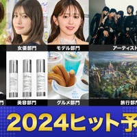「2024年ヒット予測」（上段）萩原利久、生見愛瑠、鈴木愛理（C）モデルプレス、XG（提供写真）（下段）Y3K「Fendi」Runway Milan Fashion Week Womenswear SpringSummer 2024／Photo by Getty Images、リードルショットライン（画像提供：VT COSMETICS）、揚げチュロ、「ファンタジースプリングス」全景（C）Disney