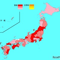 インフルエンザ流行レベルマップ2025年第4週（1月20日～1月26日）※警報レベル超えの保健所がある都道府県は赤色3段階で表示