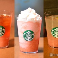 （左から）クラフト ジューシー ピーチ ティー、ヘブンリー ピーチ フラペチーノ、チラックス ソーダ ピーチ（C）モデルプレス
