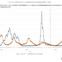 インフルエンザと新型コロナウイルス感染症の定点当たり報告数の推移（全国)