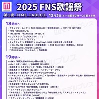 「2025 FNS歌謡祭」第1夜タイムテーブル公開