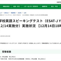 中学校英語スピーキングテスト（ESAT-J YEAR 3） （12/14実施分）実施状況 【12月14日午後6時現在速報】