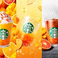 ぎゅぎゅっと オレンジ ＆ マンゴー フラペチーノ（R）、チラックス ソーダ オレンジ＆マンゴー、クラフト ジューシー オレンジ＆マンゴー ティー（提供写真）