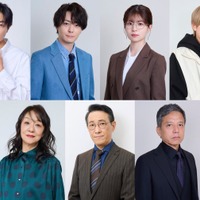 （上段）時任勇気、犬飼貴丈、松田好花、本高克樹（下段）山下容莉枝、阪田マサノブ、勝村政信（C）「妻を引退します」製作委員会