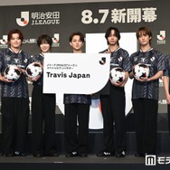 Travis Japan、JリーグSPアンバサダー就任「夢が叶った」“特大名刺パネル”＆公式試合球贈呈に全力歓喜