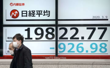 一時2万円を割り込んだ日経平均株価を示すボード＝9日午前、東京都中央区