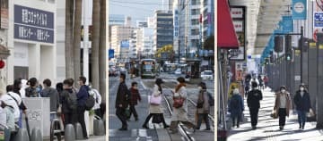 左から、那覇市の新型コロナウイルス検査施設を訪れた人たち。広島市内を歩くマスク姿の人たち。山口県岩国市内を歩くマスク姿の人たち。政府は「まん延防止等重点措置」を沖縄、広島、山口3県に適用すると決定＝7日