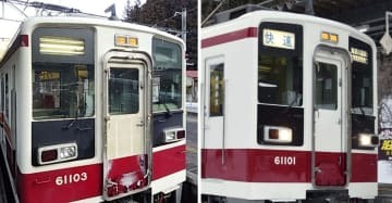 列車の行き先や種別を表す方向幕などが盗まれた野岩鉄道の車両「61103編成」（左）と通常の車両（同社提供）