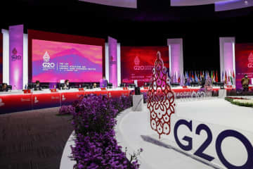 18日、インドネシア・ジャカルタで開催された20カ国・地域（G20）財務相・中央銀行総裁会議の会場（AP＝共同）