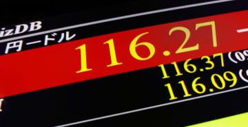 1ドル＝116円台を示すモニター＝11日午前、東京・東新橋