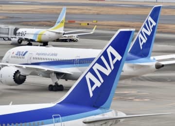 羽田空港の国内線ターミナルで離陸の準備をする全日空機＝1月
