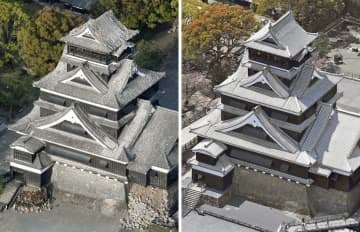 熊本地震で大きな被害を受けた2016年4月15日（左）と今年4月5日の熊本城。最初の激震「前震」から14日で6年、天守閣は昨年復旧された＝熊本市（共同通信社ヘリから）