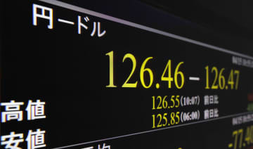 1ドル＝126円台半ばと約20年ぶりの円安ドル高水準となった円相場を示すモニター＝15日午前、東京・東新橋