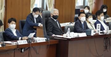 衆院憲法審査会で発言する自民党の新藤義孝氏（前列右から3人目）。左端は立憲民主党の奥野総一郎氏＝26日午前、国会