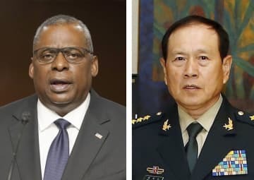 オースティン米国防長官（ゲッティ＝共同）、中国の魏鳳和国務委員兼国防相（ロイター＝共同）