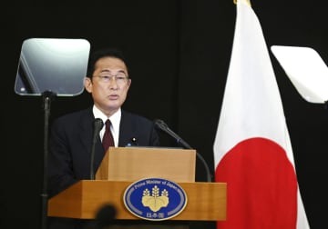 G7サミットが閉幕し、記者会見する岸田首相＝28日、ドイツ・ミュンヘン（代表撮影・共同）