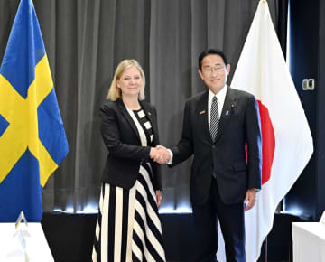 スウェーデンのアンデション首相（左）と握手する岸田首相＝29日、スペイン・マドリード（代表撮影・共同）