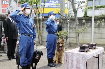 警察犬の慰霊祭で慰霊碑に向かい敬礼する警視庁鑑識課の担当者＝11日午前、東京都板橋区