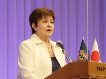 講演するIMFのゲオルギエワ専務理事＝20日午前、東京都内