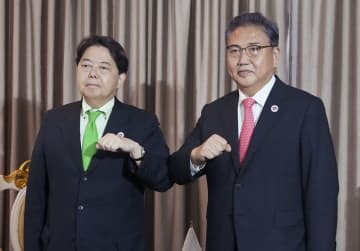 8月、会談に臨む韓国の朴振外相（右）と林外相＝プノンペン（外務省提供・共同）
