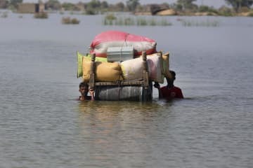 2日、パキスタン・シンド州で、洪水被害に遭った家の家財を簡易ベッドに載せて運ぶ人々（AP＝共同）