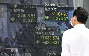 急落したダウ工業株30種平均や日経平均株価などを表示するモニター＝14日午前、東京・八重洲