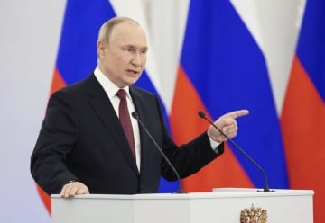 ウクライナ4州の併合を宣言する式典に出席したロシアのプーチン大統領＝9月30日、モスクワ（ロイター＝共同）