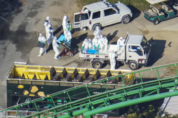 鳥インフルエンザの感染が確認された和歌山県白浜町のアドベンチャーワールドに集まった関係者ら＝11日午前9時29分（共同通信社ヘリから）