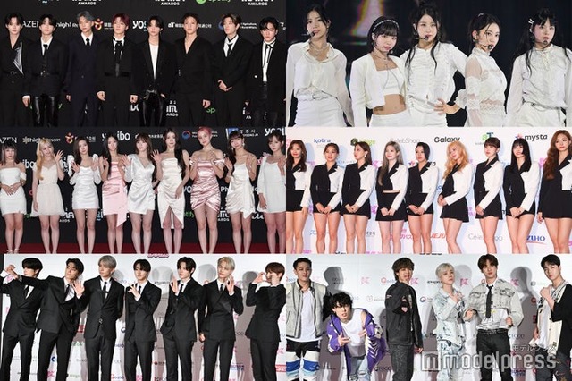 （上段左から時計回り）Stray Kids、LE SSERAFIM、TWICE、iKON、ENHYPEN、Kep1er （C）モデルプレス