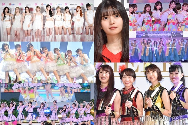 （左上から時計回りに）NiziU、齋藤飛鳥、日向坂46、櫻坂46、ももいろクローバー、 ＝LOVE、FRUITS ZIPPER（C）モデルプレス